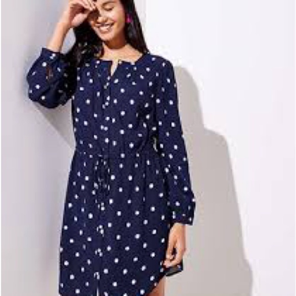 LOFT Navy Long Sleeve Dress with White Dots